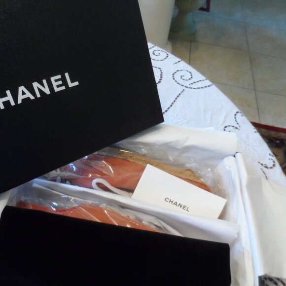 New Chanel Orange Signature Logo Canvas Lace Up Espadrilles Size 37B - Picture 2 of 16